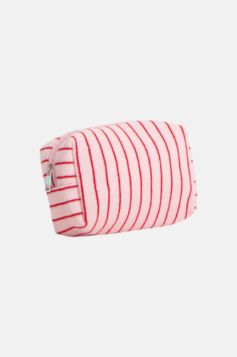 Pluizige roze toilettas van PIECES® met rode verticale strepen en een zilverkleurige rits.