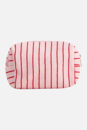 Roze toilettas van PIECES® met rode verticale strepen en badstof textuur, met een rits.