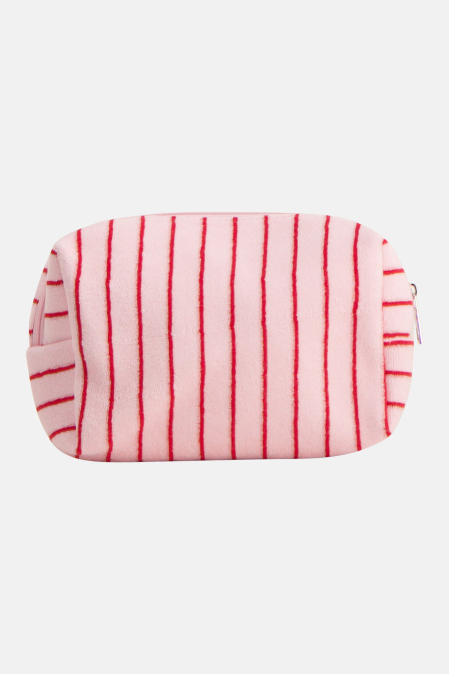 Roze toilettas van PIECES® met rode verticale strepen en badstof textuur, met een rits.