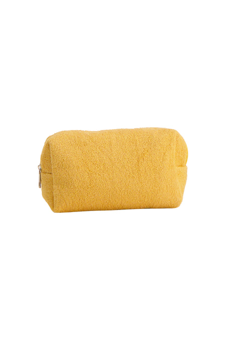 Trousse de toilette en tissu éponge jaune de PIECES® avec fermeture éclair, vue de côté.
