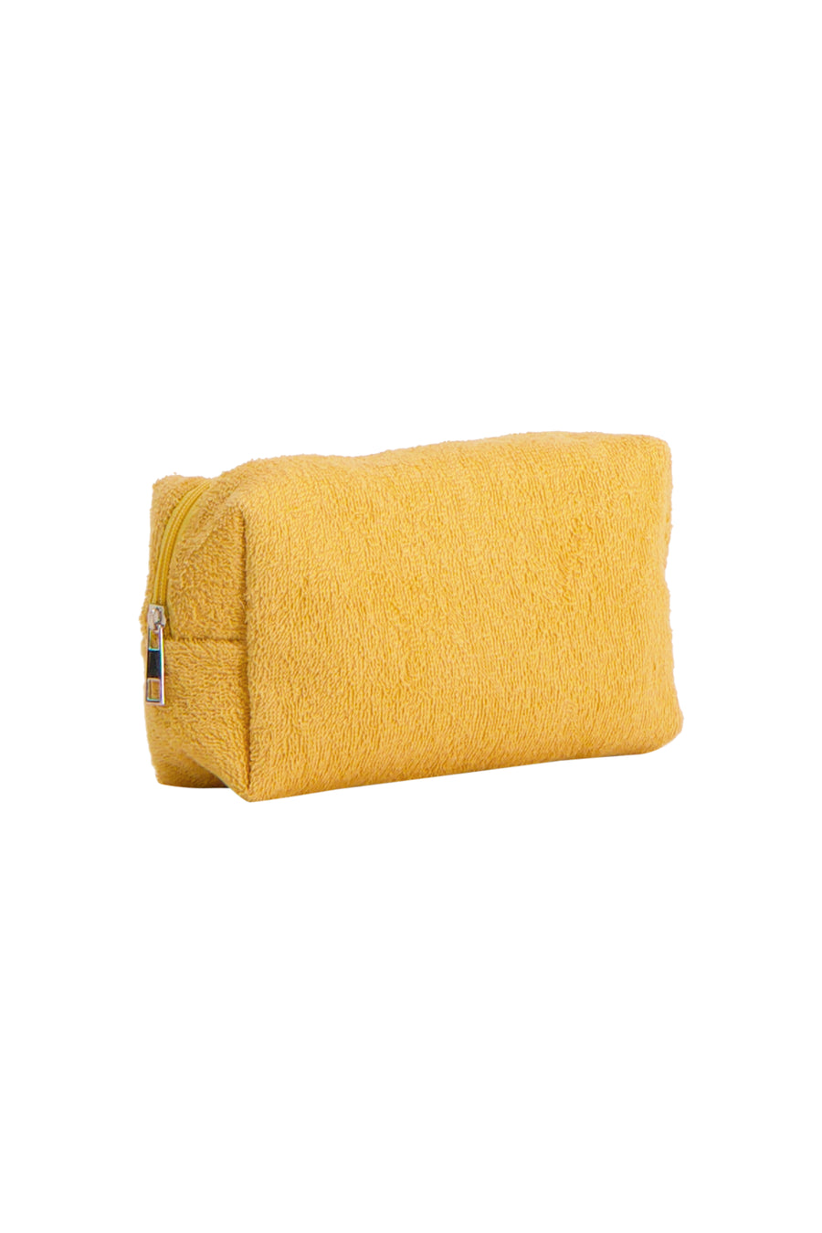 Gele badstof toilettas van PIECES® met rits, vanuit zij-aanzicht.