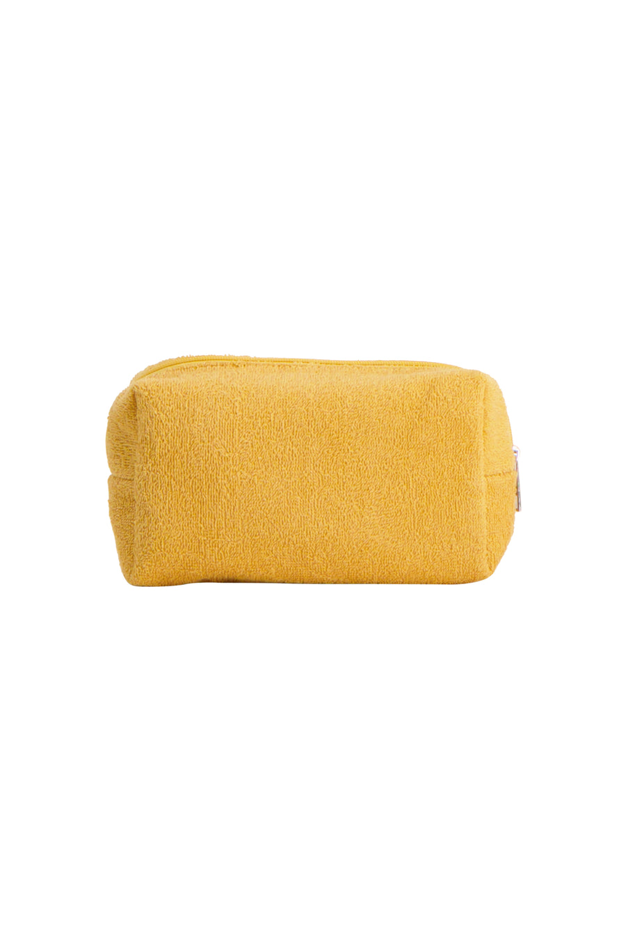 Trousse de toilette en tissu éponge jaune de PIECES® avec fermeture éclair, photographiée de côté.