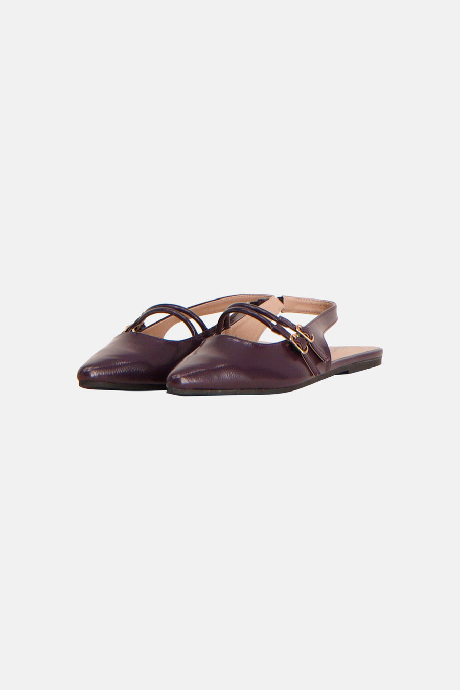 Paarse sandalen van PIECES met gekruiste bandjes en een goudkleurige gespsluiting.