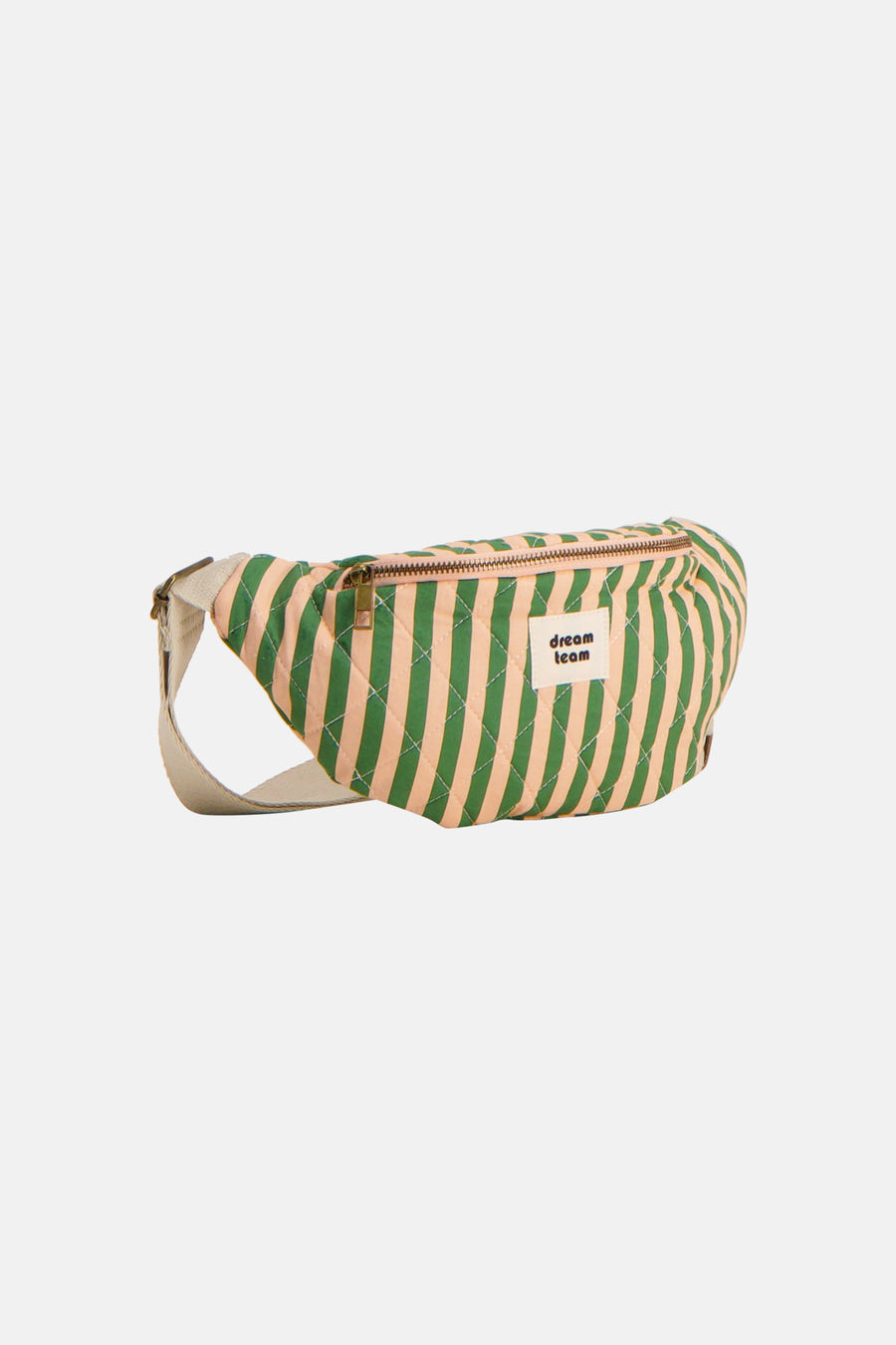 Multicolor gestreepte schoudertas van PIECES® met quiltstitch en "dream team" label, beige riem, front view