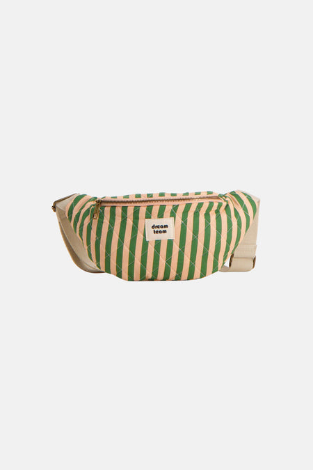 Multicolor gestreepte schoudertas van PIECES® met quiltstitch en "dream team" label, beige riem, front view