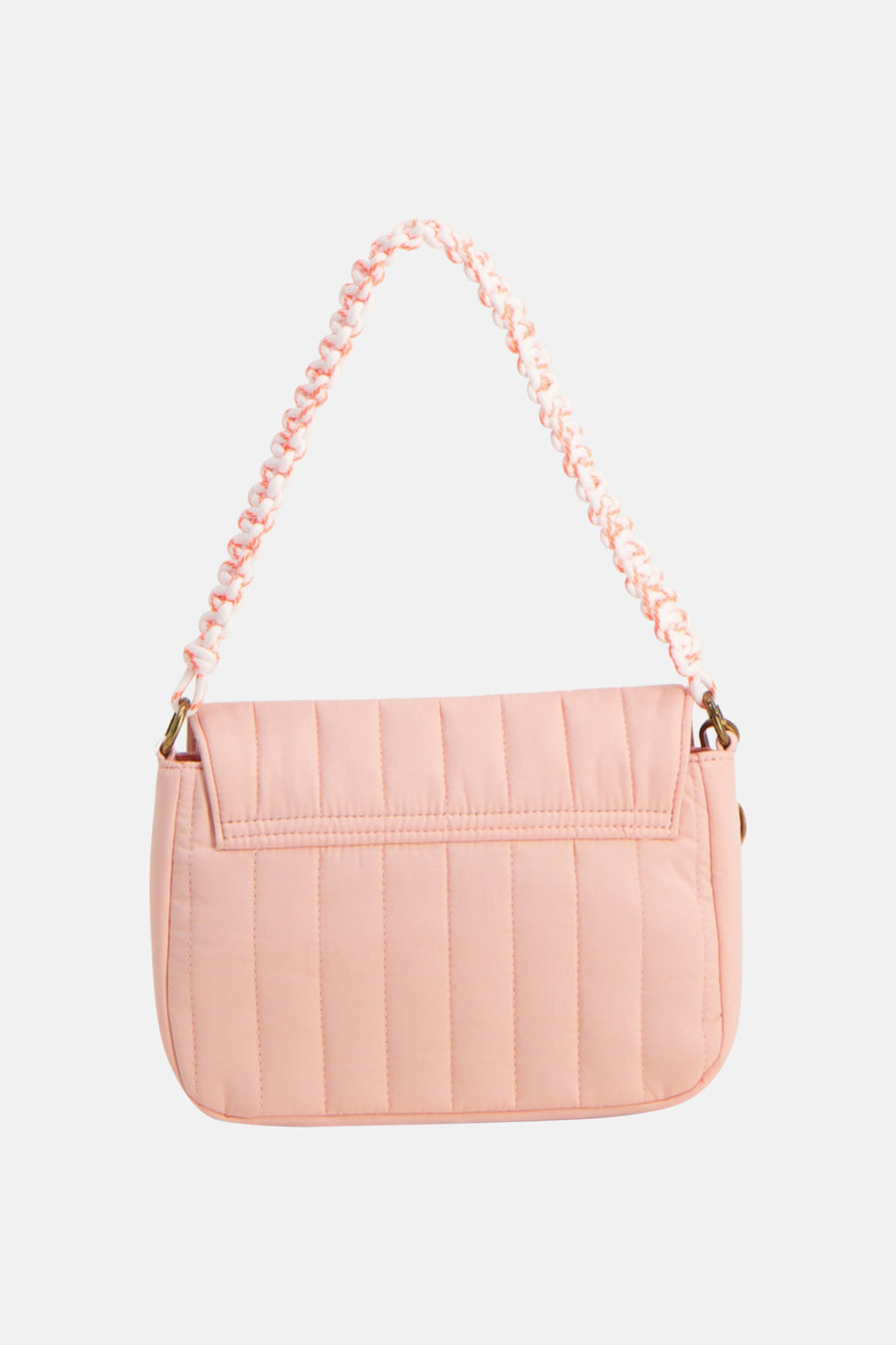 Roze gewatteerde schoudertas van PIECES® met een gevlochten schouderriem en verticale stiksels, achteraanzicht.