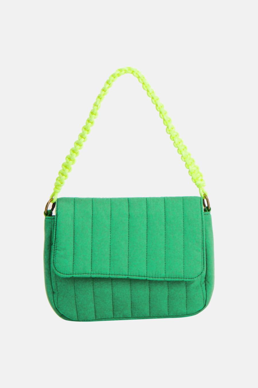 Groene gewatteerde schoudertas van PIECES® met een gevlochten neongele schouderband en klepsluiting.