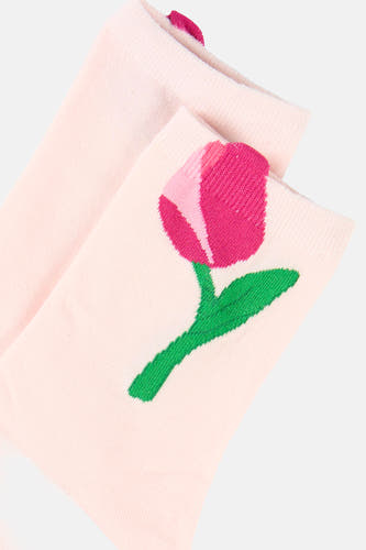 Roze sokken van PIECES® met een geborduurde roze tulp en groene steel.