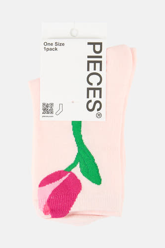 Chaussettes roses de PIECES®, avec un imprimé fleur rose et tige verte sur un tissu tricoté.