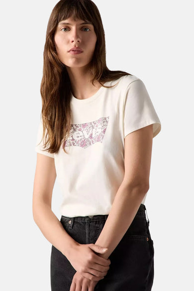 Ecru T-shirt met korte mouwen van Levi's, met een bloemachtig Levi's logo op de borst.