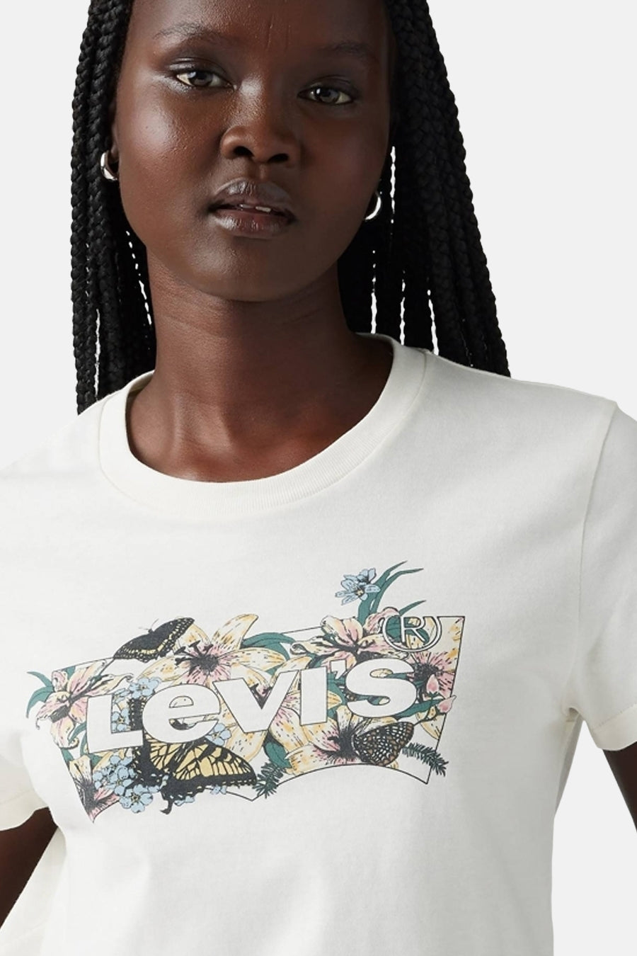 Ecru T-shirt met korte mouwen van Levi's, met grafische print van bloemen en vlinders.