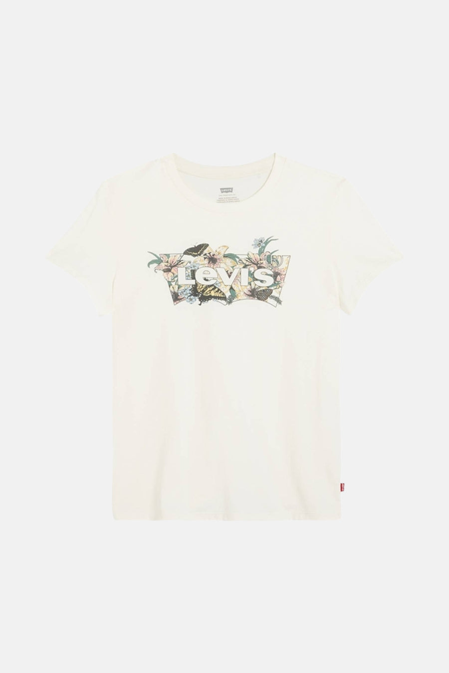 Ecru T-shirt met korte mouwen van Levi's, met bloemen en vlinders in de Levi's logo.