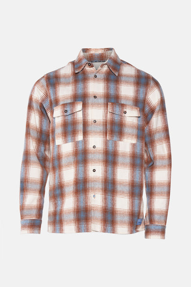 Bruin overhemd van Scotch & Soda met ruitpatroon en borstzakken, tegen een witte achtergrond.
