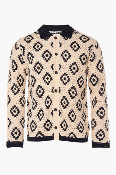 Multikleurig vest van SCOTCH & SODA met gehaakt bloemmotief, knoopsluiting en donkere afwerking.