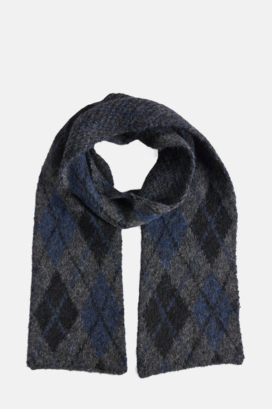 Écharpe d'hiver multicolore de MANGO, avec une texture rugueuse et un motif abstrait en gris et bleu.