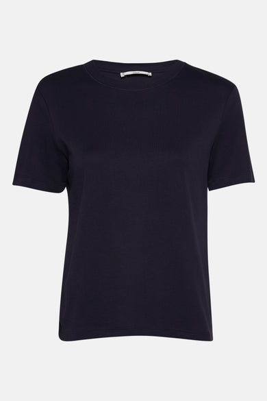 Blauw T-shirt met korte mouwen van MANGO, effen stof met een ronde hals.