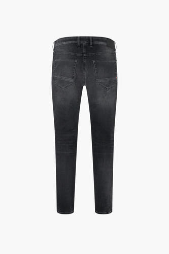 Donkergrijze straight jeans van MAC, gezien van achteren, met zakken en riemlussen.