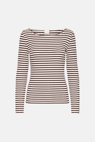 T-shirt à manches longues de couleur écru d'ICHI, avec un motif à rayures marron et une texture côtelée.