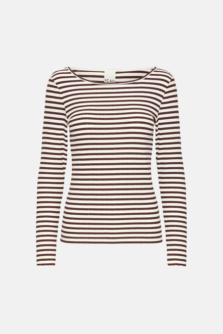 T-shirt à manches longues de couleur écru d'ICHI, avec un motif à rayures marron et une texture côtelée.