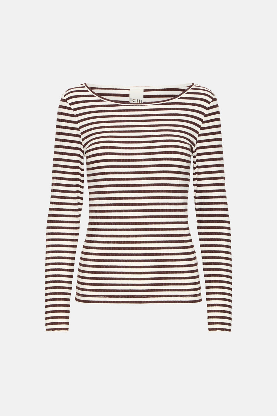 T-shirt à manches longues de couleur écru d'ICHI, avec un motif à rayures marron et une texture côtelée.