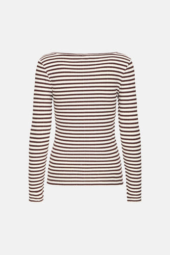 T-shirt écru à manches longues ICHI, avec un motif rayé marron et un décolleté bateau.
