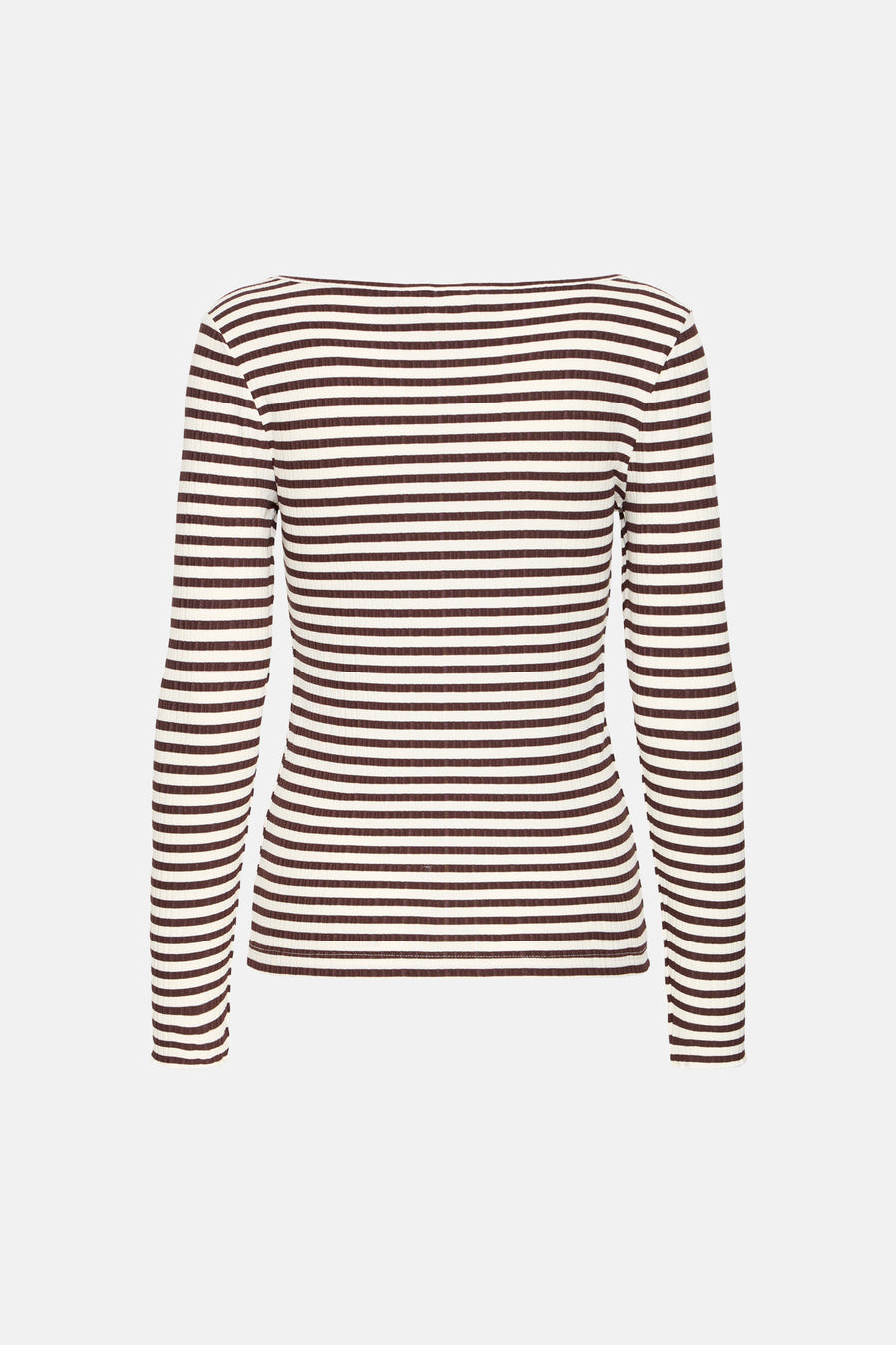 T-shirt écru à manches longues ICHI, avec un motif rayé marron et un décolleté bateau.