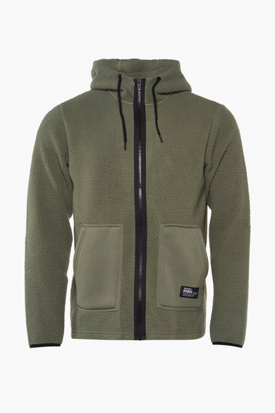 Groene fleece van REDEFINED REBEL met capuchon, lange mouwen, ritssluiting en zakken.