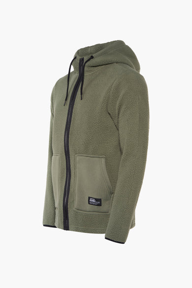 Groene fleece van REDEFINED REBEL met capuchon, lange mouwen en zwarte ritssluiting en zakdetail.