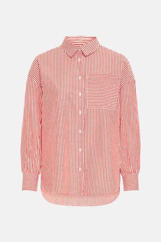 Rood gestreept overhemd met lange mouwen van Fransa, met borstzak en knoopsluiting.
