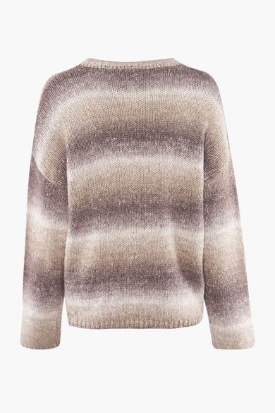 Pull marron avec col rond de France, à rayures et longues manches.