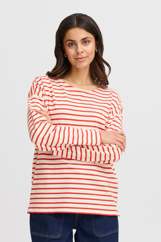 T-shirt rayé rouge avec des manches longues de France, avec des bras croisés et un jeans bleu foncé.
