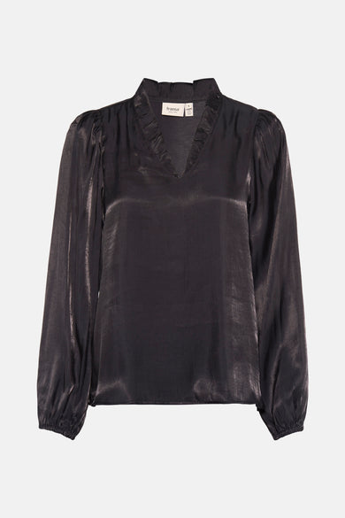 Zwarte blouse met lange mouwen van Fransa, met een v-hals en geplooide mouwen.