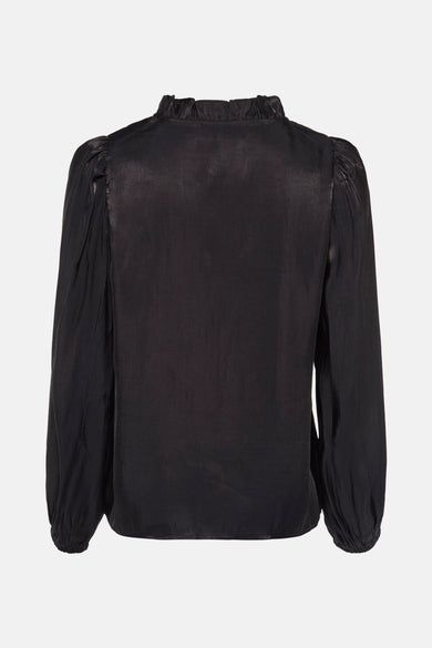 Zwarte blouse met lange mouwen van Fransa, met een geplooide kraag en ballonmouwen.