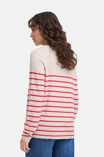 Pull-over rouge avec col rond français, rayé de bandes rouges et beige, porté avec un jean.
