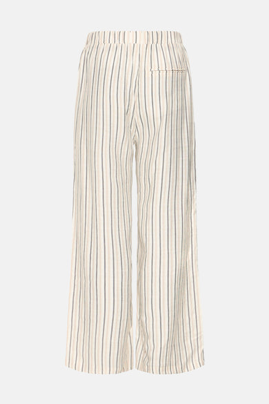 Broek in ecru met strepen van Fransa, achterkant zichtbaar met een enkele zak.
