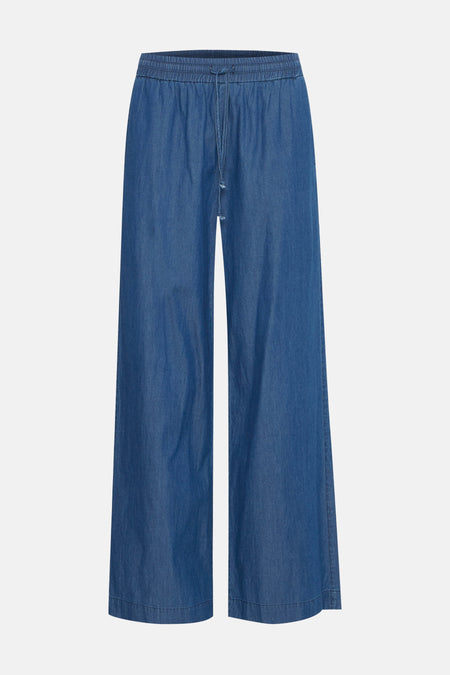 Blauwe broek van Fransa, met wijde pijpen en een elastische tailleband met trekkoord.