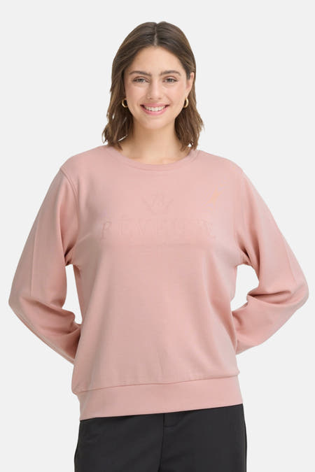 Roze sweater met ronde hals van Fransa, met subtiele logo-opdruk aan de voorkant.
