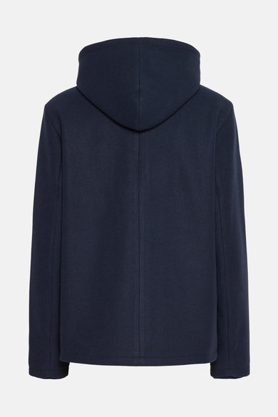 Blauw korte jas van Fransa, met capuchon, gezien van achteren.