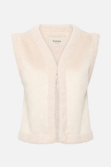 Beige bodywarmer van Fransa, met sherpavoering langs de randen.