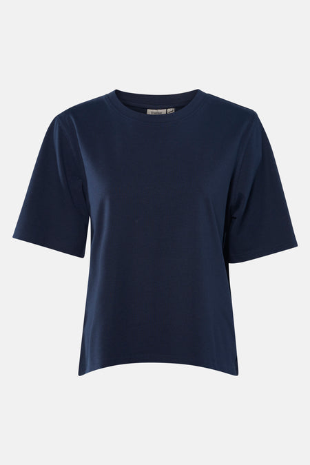 Blauw T-shirt met korte mouwen.