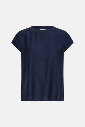 Blauw blouse met korte mouwen van Fransa, met een subtiele textuur en omgeslagen mouwen.