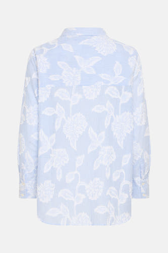 Chemise bleue à manches longues de France, avec imprimé de fleurs blanches et motif rayé.
