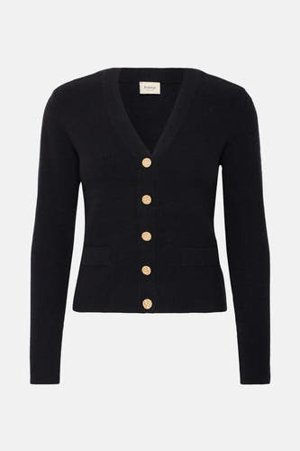 Cardigan noir de France, avec des manches longues, des boutons dorés et deux poches.