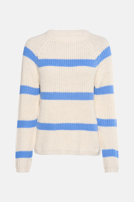 Blauwe trui met ronde hals van Fransa, met crèmekleurige en blauwe horizontale strepen.
