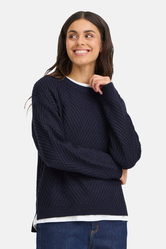 Donkerblauwe trui met ronde hals van Fransa, met een diagonaal ribbelpatroon.