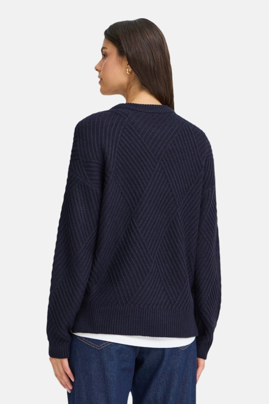 Donkerblauwe trui met ronde hals van Fransa, met ruitpatroon en lange mouwen.