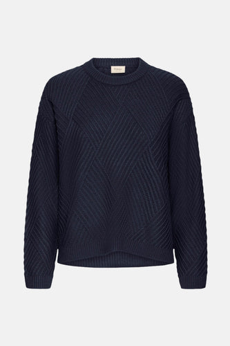 Donkerblauwe trui met ronde hals van Fransa, met een uniek ruitvormig breipatroon.