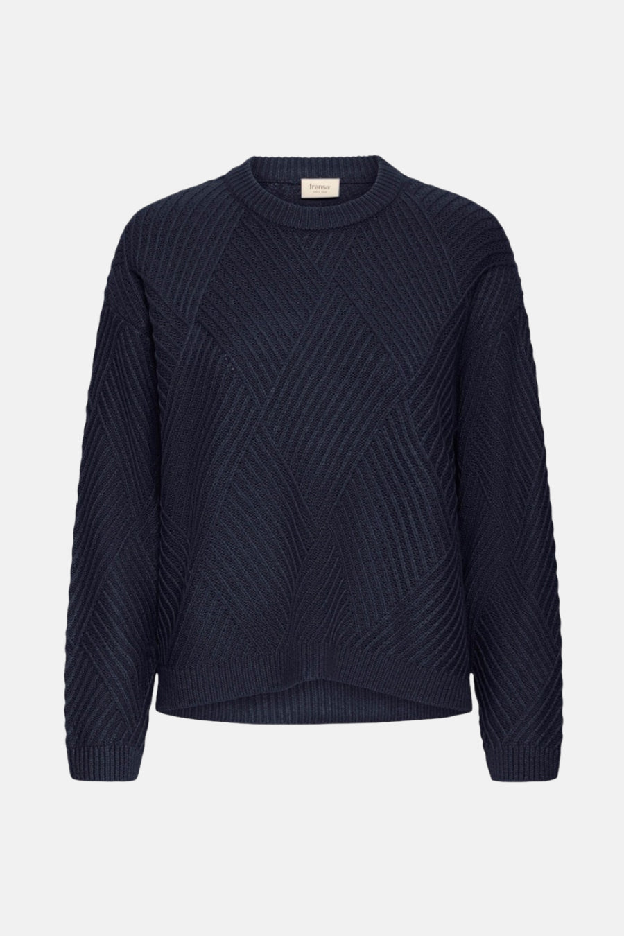 Donkerblauwe trui met ronde hals van Fransa, met een uniek ruitvormig breipatroon.