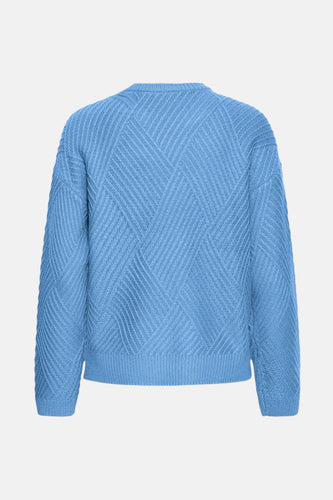 Blauwe trui met ronde hals van Fransa, met ingeweven ruitpatroon en lange mouwen.
