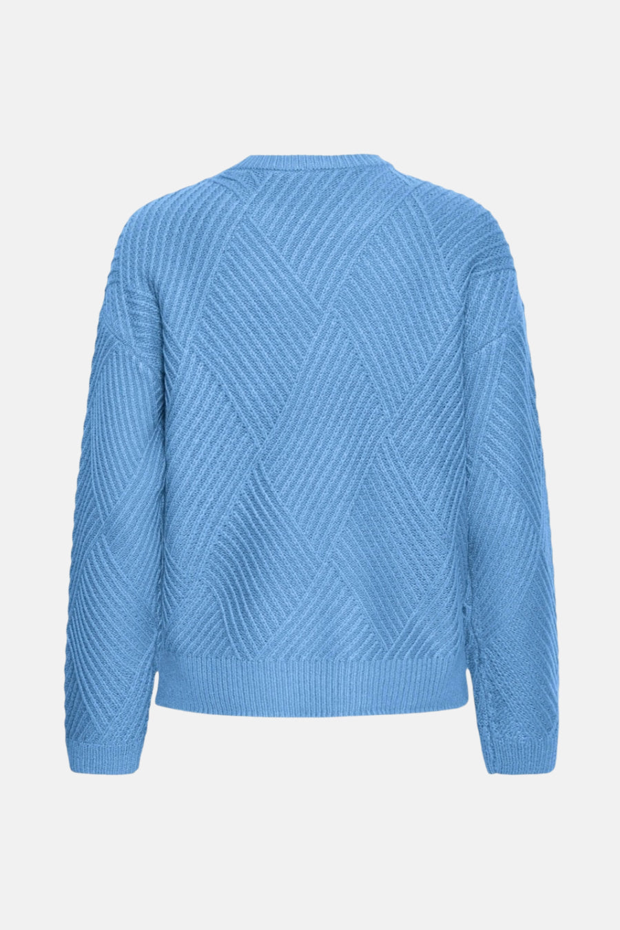 Blauwe trui met ronde hals van Fransa, met ingeweven ruitpatroon en lange mouwen.
